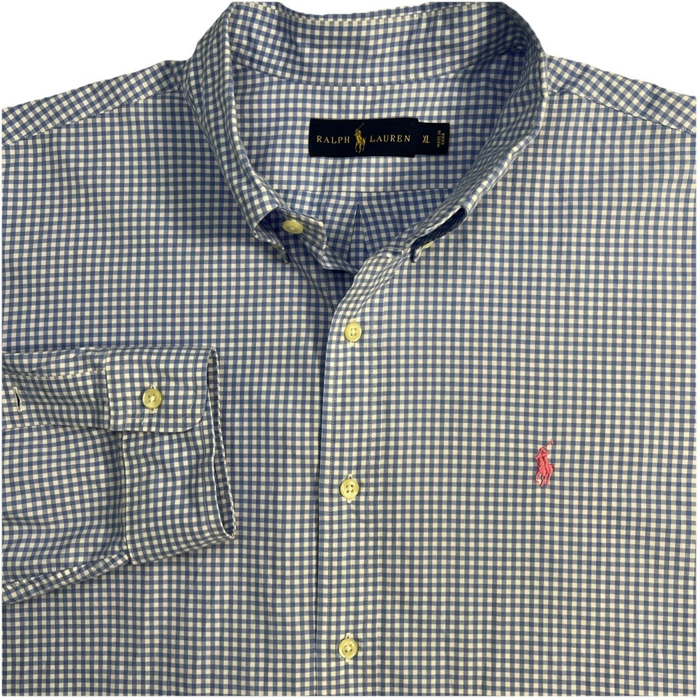 Ralph Lauren Mens XL Classic Fit Gingham Check Button Down Shirt Baby Blue White